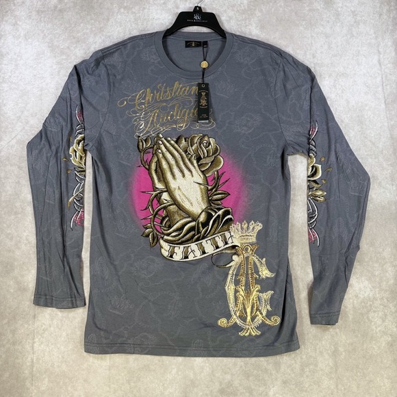 Christian Audigier Shirt Men XXL Grey Long Sleeve Tee Praying Hands Rhinestone
